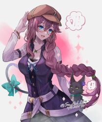 Rule 34 | 1girl, animal, bell, blue eyes, bow, braid, braided ponytail, breasts, cabbie hat, cat, celine (eiyuu densetsu), celine (sen no kiseki), cleavage cutout, clothing cutout, dated, double-parted bangs, earrings, eiyuu densetsu, emma millstein, glasses, green eyes, hair between eyes, hat, jewelry, jingle bell, large breasts, long sleeves, necklace, open mouth, ponytail, purple hair, saymel679, sen no kiseki, sen no kiseki iii, sidelocks, smile, tail, tail bow, tail ornament, twitter username