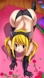 Rule 34 | 1girl, all fours, animal ears, ass, back, bare shoulders, bent over, black thighhighs, blonde hair, blush, brown eyes, butt crack, carpet, cat ears, cat girl, crawling, elbow gloves, fairy tail, female focus, gloves, hairband, heart, highres, hip focus, huge ass, indoors, looking at viewer, lucy heartfilia, panties, planeptune, smile, solo, thighhighs, twintails, underwear, wide hips
