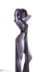 Rule 34 | 1girl, adjusting hair, armpits, colored skin, commentary, elf, facial tattoo, from side, highres, looking at viewer, pelvic curtain, pointy ears, purple eyes, purple skin, side slit, signature, simple background, skaavart, solo, standing, tattoo, void elf, warcraft, white background, world of warcraft, xal&#039;atath