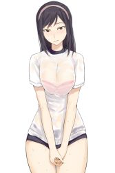 Rule 34 | 1girl, black hair, blush, bra, breasts, breasts squeezed together, brown eyes, buruma, full-face blush, gym uniform, hairband, hands together, large breasts, long hair, looking at viewer, ogros, pink bra, see-through, shirt, simple background, solo, sweat, underwear, wet, wet clothes, wet shirt, white background