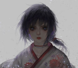 Rule 34 | 1girl, absurdres, bean sprouts (6651003), blush, collarbone, floral print, grey background, highres, japanese clothes, kimono, long hair, original, parted lips, ponytail, portrait, purple eyes, purple hair, red lips, solo, upper body