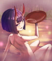 Rule 34 | 1girl, alcohol, announ (kurotya), bob cut, breasts, butt crack, commentary request, cup, fate/grand order, fate (series), from behind, highres, horns, nude, oni, onsen, partially submerged, purple eyes, purple hair, sakazuki, sake, short hair, shuten douji (fate), sitting, skin-covered horns, small breasts, solo, water