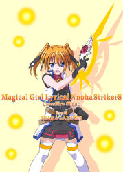 Rule 34 | 00s, 1girl, belt, belt buckle, blue eyes, buckle, character name, copyright name, cross mirage, energy blade, gloves, gun, handgun, lyrical nanoha, magical girl, mahou shoujo lyrical nanoha, mahou shoujo lyrical nanoha strikers, open clothes, open vest, orange hair, solo, teana lanster, thighhighs, twintails, vest, weapon, yone