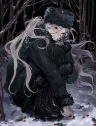 Rule 34 | 1boy, androgynous, bare tree, black coat, boots, brown footwear, closed mouth, coat, ensemble stars!, floating hair, forest, full body, fur-trimmed sleeves, fur hat, fur trim, grey hair, hand up, hat, highres, holly, jiz (pffbq), knees up, long hair, long sleeves, looking at viewer, male focus, nature, orange eyes, outdoors, ponytail, ran nagisa, sitting, snow, solo, tree, winter
