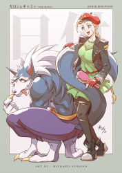Rule 34 | 1boy, 1girl, alternate costume, black jacket, boots, braid, cammy white, capcom, character name, claws, company connection, crossover, dress, fangs, furry, furry male, gallon (vampire), green dress, hair brush, jacket, looking at another, official alternate costume, open mouth, pantyhose, richard suwono, shoulder spikes, smile, spikes, squatting, street fighter, street fighter v, tail, tail brushing, tail wrap, tongue, tongue out, torn clothes, torn legwear, vampire (game), werewolf, wolf tail