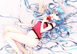 Rule 34 | 1girl, alternate hairstyle, apple, blue eyes, blue hair, bottomless, food, fruit, hatsune miku, holding, holding food, long hair, lying, naoto (tulip), navel, open mouth, romeo to cinderella (vocaloid), solo focus, tank top, very long hair, vocaloid