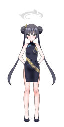 Rule 34 | 1girl, bare arms, bare legs, black dress, black footwear, black gloves, black hair, blue archive, china dress, chinese clothes, commentary request, double bun, dress, full body, gloves, grey eyes, hair bun, hands on own hips, highres, kisaki (blue archive), korean commentary, long hair, mixed-language commentary, solo, standing, twintails, very long hair, zeroku77