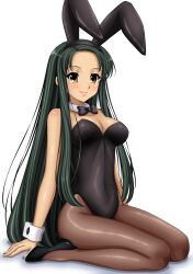 Rule 34 | 1girl, absurdres, alternate costume, animal ears, black bow, black bowtie, black footwear, black hairband, black leotard, bow, bowtie, breasts, brown pantyhose, closed mouth, commentary request, cosplay, detached collar, fake animal ears, forehead, full body, green hair, gurobeya, hairband, high heels, highres, large breasts, leotard, lips, long hair, looking at viewer, pantyhose, playboy bunny, rabbit ears, revealing clothes, seiza, shadow, simple background, sitting, smile, solo, suzumiya haruhi no yuuutsu, tsuruya, very long hair, white background, wrist cuffs