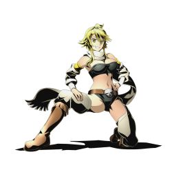 Rule 34 | 10s, 1girl, akame ga kill!, alpha transparency, belt, black bra, black panties, boots, bra, breasts, brown footwear, cleavage, detached sleeves, divine gate, full body, grin, hair between eyes, hand on own hip, large breasts, leone (akame ga kill!), matching hair/eyes, midriff, navel, official art, on one knee, panties, scarf, shadow, short hair with long locks, sidelocks, smile, solo, strapless, strapless bra, thighhighs, transparent background, ucmm, underwear, yellow eyes
