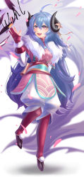 Rule 34 | 1girl, absurdres, ahoge, alternate costume, alternate eye color, alternate hair color, alternate hairstyle, animal ears, arm up, blue hair, blush, cherry blossoms, curled horns, fingerless gloves, flower, full body, fur (clothing), gloves, goat legs, hair between eyes, hair flower, hair ornament, highres, horns, huge filesize, incredibly absurdres, japanese clothes, kindred (league of legends), lamb (league of legends), league of legends, long hair, long sleeves, netisz, official alternate costume, official alternate hairstyle, open mouth, petals, pink eyes, purple hair, ribbon, simple background, spirit blossom kindred, standing, standing on one leg, teeth, upper teeth only, waving, white background, white fur, white hair, wolf, wolf (league of legends)