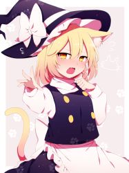 Rule 34 | 1girl, absurdres, animal ears, apron, back bow, black headwear, black skirt, black vest, blonde hair, blouse, blush, border, bow, braid, cat ears, cat tail, commentary request, cowboy shot, fang, frilled apron, frills, hair between eyes, hat, hat bow, hat ribbon, highres, kemonomimi mode, kirisame marisa, long sleeves, looking at viewer, open mouth, paw print, petticoat, ribbon, shirt, short hair, side braid, single braid, skirt, skirt set, standing, tail, touhou, vest, waist apron, white apron, white border, white bow, white ribbon, white shirt, witch hat, yellow eyes, you (noanoamoemoe)