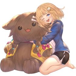 Rule 34 | 1girl, :d, absurdres, alternate costume, animal ears, blonde hair, blue eyes, bone hair ornament, braid, casual, character doll, dog ears, hair ornament, highres, hololive, hololive english, honkivampy, hood, hoodie, hugging object, inugami korone, inugami korone (dog), medium hair, one eye closed, open mouth, shorts, simple background, sitting, smile, solo, stuffed animal, stuffed toy, twin braids, virtual youtuber, watson amelia, white background