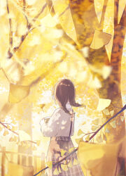 1girl absurdres amenomori_howa autumn autumn_leaves bag blurry braid brown_hair brown_skirt brown_sweater clipboard collared_shirt commentary_request falling_leaves from_behind ginkgo_leaf ginkgo_tree highres holding holding_clipboard leaf long_skirt long_sleeves original outdoors scenery shirt skirt solo sweater tree twin_braids twintails white_shirt yellow_leaves