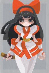 Rule 34 | 1girl, ainu clothes, black hair, breasts, curvy, expressionless, fingerless gloves, gloves, grey eyes, hair ribbon, highres, legs, looking at viewer, medium breasts, nakoruru, pants, ribbon, samurai spirits, shaded face, snk, solo, the king of fighters, thighs, weapon
