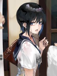 Rule 34 | 1girl, bag, black hair, blue eyes, blue sailor collar, blurry, breasts, collarbone, depth of field, funi mu9, highres, looking at viewer, medium breasts, open mouth, original, pov, sailor collar, school bag, see-through, see-through shirt, shirt, short hair, short sleeves, sidelocks, solo, teeth, upper teeth only, wet, wet clothes, white shirt