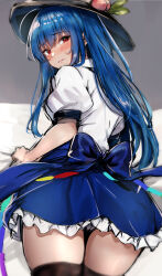 Rule 34 | 1girl, black hat, black thighhighs, blue hair, blue skirt, blush, closed mouth, commentary, food, from behind, fruit, hat, highres, hinanawi tenshi, long hair, looking at viewer, looking back, peach, red eyes, shirt, short sleeves, skirt, solo, thighhighs, thighs, touhou, white shirt, yuhito (ablbex), zettai ryouiki