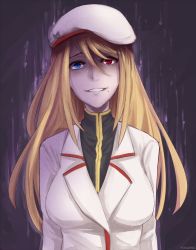 Rule 34 | 1girl, aura, bad id, beret, blonde hair, blue eyes, breasts, corpse party, creepy, female focus, grin, hat, heterochromia, large breasts, long hair, looking at viewer, mole, mole under mouth, nixaluminos, red eyes, school uniform, shaded face, smile, solo, takai azusa