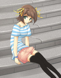 Rule 34 | 1girl, black thighhighs, breasts, brown hair, female focus, looking at viewer, shorts, sitting, solo, striped, tagme, takamura kazuha, thighhighs