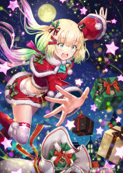 Rule 34 | 1girl, :o, bell, blonde hair, boots, box, capelet, christmas, crop top, full moon, fur trim, gabiran, gift, gift box, gradient hair, green eyes, knee boots, long hair, long sleeves, low twintails, midriff, miniskirt, moon, multicolored hair, night, official art, open mouth, outstretched arms, red footwear, red shirt, red skirt, sack, santa costume, shinkai no valkyrie, shirt, skirt, solo, star (symbol), thighhighs, twintails, two-tone hair, white thighhighs, zettai ryouiki