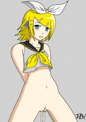 Rule 34 | 1girl, aqua eyes, arms behind back, bare shoulders, blonde hair, blush, bottomless, bow, cleft of venus, cowboy shot, grey background, grin, hair bow, hair ornament, hairclip, headset, kagamine rin, looking at viewer, navel, neckerchief, no panties, pee, peeing, pussy, sailor collar, seductive smile, simple background, smile, solo, standing, uncensored, vocaloid