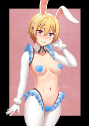 Rule 34 | 1girl, animal ears, black border, blonde hair, blush, border, breasts, rabbit ears, collarbone, commentary request, cowboy shot, detached collar, elbow gloves, fake animal ears, frills, fur-trimmed gloves, fur trim, gloves, hairband, hand up, heart maebari, heart pasties, idolmaster, idolmaster shiny colors, maebari, medium breasts, meme attire, navel, nervous, nose blush, outside border, pasties, pink background, red eyes, reverse bunnysuit, reverse outfit, saijo juri, shiro sousu, short hair, simple background, solo, stomach, wavy mouth, white gloves, white hairband, white legwear