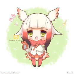 Rule 34 | 10s, 1girl, bad singing, chibi, coat, commentary request, fur collar, gradient hair, green eyes, head wings, japanese crested ibis (kemono friends), kemono friends, looking at viewer, multicolored hair, music, musical note, open mouth, pantyhose, pleated skirt, short hair with long locks, singing, skirt, solo, tail, twitter username, white hair, wings, winter clothes, winter coat