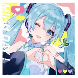 Rule 34 | 1girl, aqua eyes, aqua hair, aqua nails, aqua necktie, bare shoulders, black hair, blush, collared shirt, commentary, detached sleeves, hair between eyes, hair ornament, harutoto, hatsune miku, head tilt, heart, heart hands, highres, long hair, looking at viewer, microphone, miku day, necktie, one eye closed, open mouth, pixel heart, shirt, sleeveless, sleeveless shirt, smile, solo, sparkle, spring onion, symbol-only commentary, teeth, twintails, upper body, upper teeth only, vocaloid