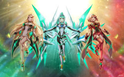 Rule 34 | 3girls, bare legs, bare shoulders, blonde hair, breasts, chest jewel, earrings, female focus, gloves, green eyes, green hair, high heels, highres, jewelry, large breasts, long hair, matching hair/eyes, moonllita, multiple girls, multiple persona, mythra (xenoblade), pneuma (xenoblade), ponytail, pyra (xenoblade), red eyes, red hair, swept bangs, thigh strap, tiara, very long hair, xenoblade chronicles (series), xenoblade chronicles 2, yellow eyes