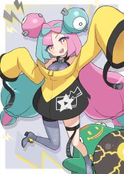 Rule 34 | bellibolt, bow-shaped hair, character hair ornament, creatures (company), game freak, grey pantyhose, hair ornament, hexagon print, iono (pokemon), jacket, long hair, low-tied long hair, multicolored hair, nintendo, oversized clothes, pantyhose, pokemon, pokemon (creature), pokemon sv, roozin, sharp teeth, single leg pantyhose, sleeves past fingers, sleeves past wrists, split-color hair, teeth, two-tone hair, very long sleeves, x, yellow jacket
