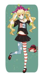 Rule 34 | 2girls, absurdres, ahoge, alternate costume, alternate hairstyle, american flag, american flag legwear, american flag print, arms up, bare shoulders, black choker, black footwear, black headwear, black shirt, black skirt, blonde hair, blush, border, choker, closed eyes, closed mouth, clownpiece, collarbone, flag print, full body, green background, hair between eyes, hands up, hat, heart, hecatia lapislazuli, highres, jester cap, leg up, long hair, looking at viewer, multiple girls, navel, one-hour drawing challenge, open mouth, outside border, pantyhose, po teto, polka dot, purple headwear, red eyes, red footwear, red hair, shirt, shoes, short hair, short sleeves, skirt, skull, smile, standing, standing on one leg, star (symbol), star print, striped clothes, striped legwear, striped pantyhose, t-shirt, touhou, triangle, twintails, underworld (ornament), v-shaped eyebrows, white border