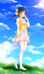 Rule 34 | 1girl, arm ribbon, black hair, blush, bow, breasts, cleavage, closed mouth, cloud, day, dress, eyebrows, finger to mouth, frills, full body, grass, hair ornament, hair ribbon, hairclip, high heels, highres, holding, holding shoes, lens flare, long hair, looking at viewer, medium breasts, no shoes, original, outdoors, pink bow, pink ribbon, purple eyes, ribbon, shadow, shoes, unworn shoes, sky, smile, solo, sparkle, standing, star (symbol), star hair ornament, sun, thighhighs, twintails, white footwear, white thighhighs, wind, yagami-all hail nanao, yellow ribbon, zettai ryouiki