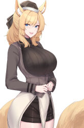 Rule 34 | 1girl, absurdres, animal ear fluff, animal ears, arknights, black shorts, blonde hair, blue eyes, blush, breasts, commentary, fang, from side, garrison cap, hat, highres, horse ears, horse girl, horse tail, kanta (kanta 077), large breasts, long hair, long sleeves, looking at viewer, meme, open mouth, shorts, simple background, smile, solo, sweater, tail, turtleneck, turtleneck sweater, twitter strip game (meme), whislash (arknights), white background