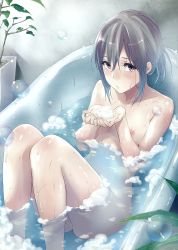 Rule 34 | 1girl, absurdres, bath, bathing, bathtub, black hair, breasts, bubble, bubble bath, grey hair, highres, huge filesize, looking at viewer, nipples, npt (calpis), nude, original, plant, purple eyes, small breasts, soap bubbles, solo, water, wet