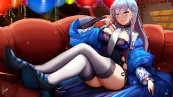 Rule 34 | 1girl, artist name, azur lane, belfast (azur lane), belfast (iridescent rosa) (azur lane), blue coat, blue dress, blue footwear, blush, box, braid, breasts, bridal gauntlets, chain, cleavage, cleavage cutout, closed mouth, clothing cutout, coat, collar, couch, dress, earrings, french braid, gift, gift box, high heels, jewelry, large breasts, legs, long hair, looking at viewer, piukute062, signature, silver hair, sitting, smile, solo, swept bangs, thighhighs, thighs, white thighhighs