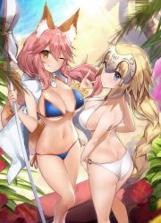 Rule 34 | 10s, 2girls, animal ears, ass, back, bare shoulders, bikini, bikini under clothes, blonde hair, blue bikini, blue eyes, blush, bracelet, braid, breasts, butt crack, cleavage, commentary request, criss-cross halter, day, duplicate, fang, fate/apocrypha, fate/extra, fate/grand order, fate (series), flower, fox ears, fox shadow puppet, fox tail, hair between eyes, halterneck, headpiece, highres, hip focus, jeanne d&#039;arc (fate), jeanne d&#039;arc (ruler) (fate), jewelry, large breasts, legs, long braid, long hair, looking at viewer, looking to the side, multiple girls, navel, necklace, o-ring, o-ring bikini, one eye closed, open clothes, open vest, outdoors, palm tree, parasol, pink hair, ponytail, shade, side-tie bikini bottom, sideboob, sidelocks, single braid, smile, sunlight, swimsuit, tail, tamamo (fate), tamamo no mae (fate/extra), tamamo no mae (swimsuit lancer) (fate), tamamo no mae (swimsuit lancer) (third ascension) (fate), thighs, tree, umbrella, very long hair, vest, water, white bikini, yaman, yellow eyes