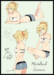 Rule 34 | 1girl, aisu (shipposama), arm support, ass, bandeau, blonde hair, character name, cowboy shot, cutoffs, denim, denim shorts, fate/apocrypha, fate (series), green eyes, groin, highres, indian style, looking at viewer, lying, mordred (fate), mordred (fate/apocrypha), mordred (memories at trifas) (fate), multiple views, navel, on stomach, ponytail, red scrunchie, scrunchie, shorts, sitting, smile, smirk, the pose, thought bubble