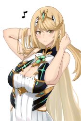 Rule 34 | 1girl, arm behind head, arm up, bare arms, bare shoulders, blonde hair, blush, breasts, cleavage, closed mouth, commentary request, dress, eighth note, headpiece, highres, large breasts, long hair, looking at viewer, musical note, mythra (xenoblade), simple background, sleeveless, sleeveless dress, smile, solo, upper body, very long hair, white background, white dress, xenoblade chronicles (series), xenoblade chronicles 2, yamame 012, yellow eyes