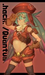 Rule 34 | .hack//, .hack//quantum, 1girl, aqua eyes, aqua hair, black thighhighs, brown gloves, closed mouth, collagen, facial mark, gloves, hat, long hair, looking at viewer, midriff, navel, sakuya (.hack//), shorts, simple background, solo, thighhighs, twintails