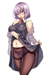 Rule 34 | 1girl, bare shoulders, black dress, black pantyhose, bow, bow panties, breasts, clothes lift, collared dress, covered erect nipples, cowboy shot, dress, dress lift, fate/grand order, fate (series), hair over one eye, highres, jacket, lifting own clothes, light purple hair, looking at viewer, mash kyrielight, mouth hold, navel, necktie, panties, panties under pantyhose, pantyhose, pantyshot, purple eyes, red necktie, see-through, shiny clothes, shirokuma a, short hair, sleeveless, sleeveless dress, solo, thighband pantyhose, thighs, underwear