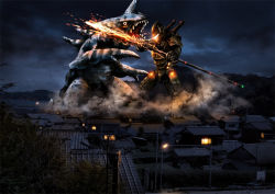 Rule 34 | battle, jaeger (pacific rim), legendary pictures, mecha, monster, night, open mouth, pacific rim, pan pacific defense corps, robot, teeth