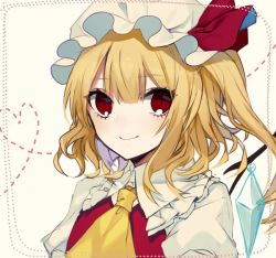 Rule 34 | 1girl, ascot, blonde hair, blush, commentary request, crystal, daimaou ruaeru, dotted line, flandre scarlet, frilled shirt collar, frills, grey background, hair between eyes, hat, hat ribbon, heart, heart of string, highres, long hair, looking at viewer, mob cap, one-hour drawing challenge, one side up, portrait, puffy short sleeves, puffy sleeves, red eyes, red ribbon, red vest, ribbon, short sleeves, simple background, slit pupils, smile, solo, touhou, vest, white hat, wing collar, wings, yellow ascot