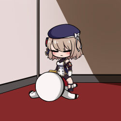 Rule 34 | 1girl, 1other, armband, azur lane, bare shoulders, beret, black sleeves, black socks, blue footwear, blue headwear, blush, bow, breasts, brown hair, chibi, closed eyes, closed mouth, commander (azur lane), commentary request, cross, detached sleeves, gloves, hair between eyes, hair bow, hat, hat bow, highres, indoors, iron cross, jacket, long sleeves, lying, medium breasts, on back, on ground, pants, peaked cap, rock zinc, shoes, socks, standing, striped bow, white bow, white gloves, white headwear, white jacket, white pants, z23 (azur lane)