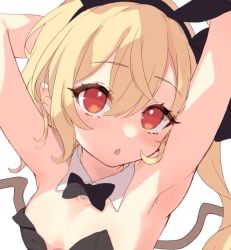 Rule 34 | 1girl, :o, animal ears, armpits, arms behind head, arms up, black hairband, black leotard, black ribbon, blonde hair, bow, bowtie, breasts, cleavage, collarbone, commentary, detached collar, fake animal ears, fang, flandre scarlet, hairband, leotard, open mouth, paragasu (parags112), playboy bunny, red eyes, ribbon, side ponytail, skin fang, small breasts, solo, strapless, strapless leotard, symbol-only commentary, touhou, wings