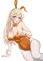 Rule 34 | 1girl, absurdres, animal ears, arm support, blonde hair, blue eyes, blush, bow, bowtie, braid, breasts, cleavage, covered navel, detached collar, fake animal ears, goddess of victory: nikke, hair between eyes, highleg, highleg leotard, highres, jyugen, large breasts, leotard, long hair, looking at viewer, lying, on side, open mouth, orange bow, orange bowtie, orange leotard, pantyhose, playboy bunny, rabbit ears, sidelocks, simple background, solo, strapless, strapless leotard, sweat, tove (nikke), white pantyhose, wrist cuffs