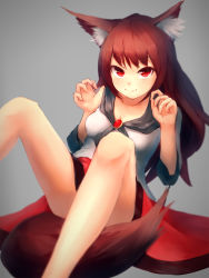Rule 34 | 1girl, animal ear fluff, animal ears, brooch, brown hair, dress, fang, grey background, highres, imaizumi kagerou, jewelry, layered dress, long hair, long sleeves, looking at viewer, red eyes, shone, simple background, sitting, smile, solo, tail, touhou, wolf ears, wolf tail