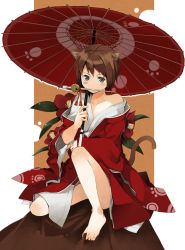 Rule 34 | 1girl, animal ears, bad id, bad pixiv id, barefoot, between toes, blush, brown hair, cat ears, cat tail, feet, japanese clothes, kimono, kuchibue, mouth hold, oil-paper umbrella, short hair, solo, squatting, tail, toe grab, toes, umbrella