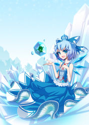 Rule 34 | 1girl, adapted costume, alternate costume, blue dress, blue eyes, blue hair, blue nails, bow, cirno, colored eyelashes, crown, dress, eyelashes, frills, frog, frozen, frozen frog, hair bow, hong (white spider), ice, lace, matching hair/eyes, nail polish, short hair, smile, solo, touhou, wings