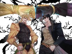 Rule 34 | 2boys, absurdres, belt, black coat, black gloves, black leotard, black nails, chain, clenched hands, closed mouth, coat, collar chain (jewelry), commentary, covered abs, cowboy shot, dio brando, earrings, evil grin, evil smile, fist bump, gakuran, gloves, green lips, grin, hand in pocket, hands on own hips, hat, headband, heart, highres, itsoraoraoraora, jacket, jewelry, jojo no kimyou na bouken, kuujou joutarou, leotard, long coat, looking at another, male focus, multiple belts, multiple boys, muscular, muscular male, nail polish, pectorals, red eyes, school uniform, shirt, shrug (clothing), smile, stand (jojo), star platinum, stardust crusaders, the world, triangle print, white background, yellow jacket