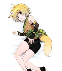 Rule 34 | 1boy, animal ears, ass, bad id, bad pixiv id, bike shorts, blonde hair, brown eyes, detached sleeves, erubo, looking at viewer, male focus, original, parted lips, short hair, simple background, solo, tail, white background