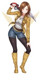 Rule 34 | 1girl, absurdres, animification, black pantyhose, blush, boots, breasts, brown eyes, brown footwear, brown hair, brown jacket, denim, denim shorts, full body, grin, highres, holding, holding sword, holding weapon, jacket, jewelry, kaizoku sentai gokaiger, luka millfy, medium breasts, medium hair, necklace, open clothes, open jacket, pantyhose, parted bangs, shirt, short shorts, shorts, smile, striped clothes, striped shirt, super sentai, sword, tokusatsu, weapon, yakimi 27